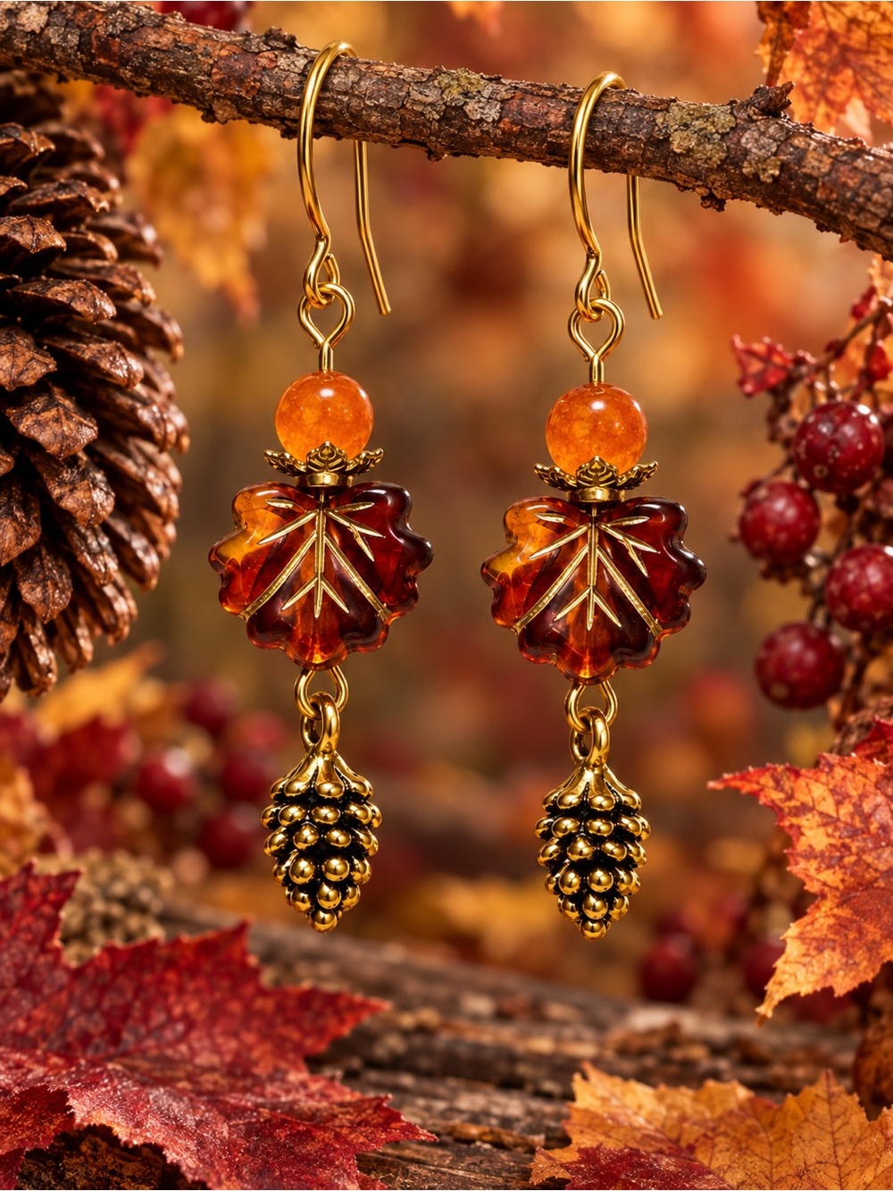 Amber Leaf Gold Fall Earrings, Pinecone Dangles, Autumn Jewelry